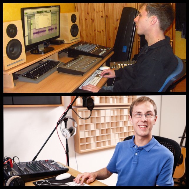 Fotocollage aus zwei Fotos. Oben das Schlafzimmer-Studio und unten das professionelle audiacc-Studio.